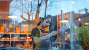 This Young worker in a cafe reviews orders while standing by the window during early evening. photo
