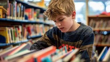 This teenager engages with various books in a library, discovering new interests and learning. photo