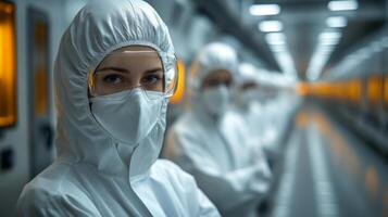 Dedicated professionals in cleanroom suits engage in precise tasks within a controlled environment focused on mining, excavation, and material processing. photo