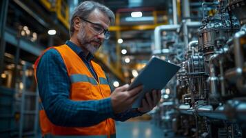 A mining and construction professional dressed in protective gear analyzes data on a tablet while overseeing operations within a heavy industrial facility, ensuring safety and efficiency. photo