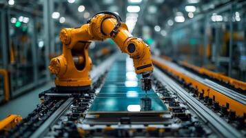 A robotic arm performs intricate tasks in glass fabrication at a high tech industrial site, showcasing automation and efficiency in production processes. photo