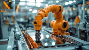 An industrial robot arm engages in precise operations within a contemporary manufacturing space dedicated to metal and glass fabrication, optimizing production efficiency with advanced technology. photo