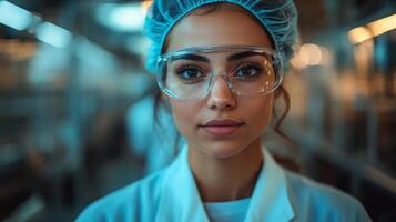 Individual in protective eyewear and lab coat stands in a controlled environment dedicated to studying materials used in mining, excavation, and construction industries. photo