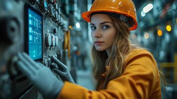 A dedicated woman operates a control panel in a mining and metallurgy facility, demonstrating the role of technology in extraction processes while wearing safety gear and focused on her tasks. photo