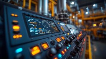 A detailed control panel shows various gauges and indicators, demonstrating advanced technology used in mineral extraction and processing within a large facility. photo