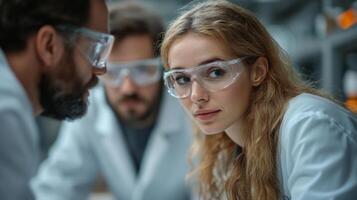 A group of engineers in lab coats engages in a discussion about new techniques in mining and extraction, focusing on improving construction and fabrication processes. photo