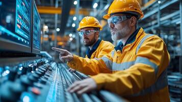 Two operators oversee machinery controls in a state of the art mining facility, engaged in precise tasks related to excavation and metal processing in a busy industrial environment. photo