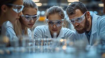 A group of four professionals in laboratory coats and safety goggles examines mineral samples with precision, studying properties relevant to mining and construction industries. photo