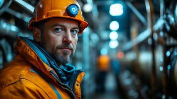 An experienced worker wearing a safety helmet stands in a dimly lit mining facility, overseeing the extraction and processing of materials while other workers are engaged in similar tasks nearby. photo