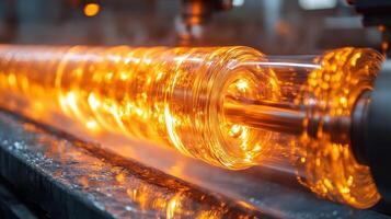 Hot molten glass is being shaped and processed in an industrial setting, showcasing the intricate method of producing high quality materials for construction and fabrication. photo