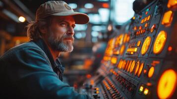 A skilled operator manages complex machinery at a mining site, surrounded by glowing orange control panels that highlight the high tech environment crucial for extraction operations. photo