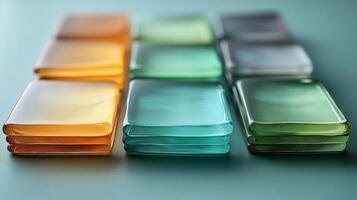Colorful glass tiles arranged in an appealing pattern highlight the craftsmanship involved in fabrication for construction projects while promoting innovation in modern infrastructure. photo