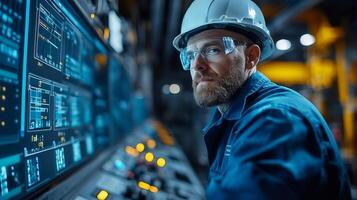 A skilled operator focuses on multiple digital screens displaying real time data related to mining and extraction processes in a contemporary facility. photo