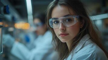 Researchers in lab coats focus on material analysis related to mining and construction, utilizing advanced techniques and equipment for practical applications in various industries photo