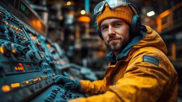 A skilled worker is managing a control panel in a mining facility, focusing on metallurgical activities related to excavation and extraction of minerals while wearing protective gear. photo