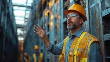 Workers in protective gear are engaged in mining and extraction tasks at a construction site, coordinating efforts in the dimming light of sunset with focus on safety and efficiency. photo