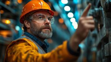 A mining expert in safety gear points at equipment during metal extraction operations in a bustling facility focusing on metallurgy. Efficiency is a priority in this concrete structure. photo