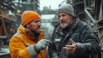 Two workers in winter gear discuss extraction techniques at a mining site. Snow covers the ground and equipment while they focus on safety and efficiency in their operations. photo