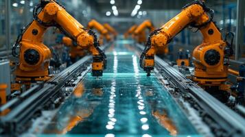 Robotic arms perform precise tasks in glass fabrication, showcasing advanced automation in a well equipped industrial space dedicated to manufacturing. photo