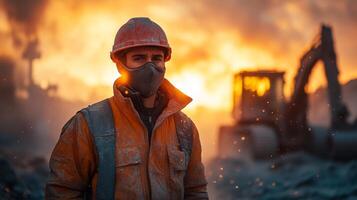A worker clad in protective gear stands in front of heavy machinery during mining and excavation operations at dusk. The warm glow of the setting sun casts a dramatic light over the site. photo