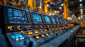Control panels display data and controls as workers manage extraction processes in a state of the art mining facility designed for efficient production. photo