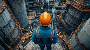 Workers monitor extensive mining operations at a large industrial site specializing in extraction, metallurgy, and construction materials. Equipment and pipelines are visible. photo