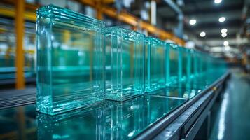 In a well lit industrial facility, transparent glass blocks are meticulously arranged on a conveyor belt, showcasing the advanced fabrication processes used for construction and architecture. photo