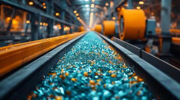 Conveyor belt transports vibrant blue crushed glass through an advanced production facility designed for glass fabrication and other construction materials, showcasing modern industrial processes. photo
