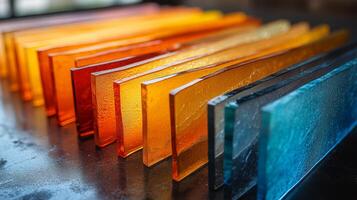 Strips of colored glass in vibrant hues line up on a smooth surface, showcasing their unique textures and reflecting light, indicative of artistic design used in modern construction. photo