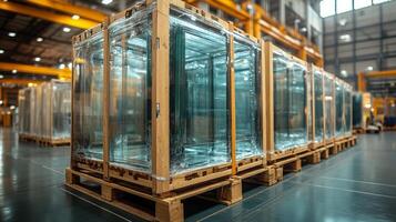 Glass panels are arranged in stacks on wooden pallets within a large industrial warehouse showcasing a clean environment. This setting is designed for construction and fabrication purposes. photo
