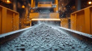 Cement powder is being transported on a conveyor belt within a construction facility dedicated to mining and metallurgy. Dust rises as machinery operates efficiently. photo