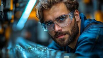 Technician wearing protective gear examines tools in a busy manufacturing plant specializing in mining and metallurgy. Bright lighting adds to the industrious atmosphere of the workspace. photo