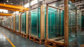 Large glass sheets are neatly arranged in wooden frames within an industrial warehouse, prepared for delivery to construction sites and fabrication processes. photo