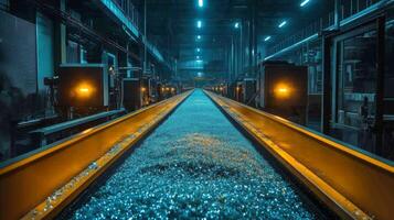 Inside a manufacturing facility, a conveyor belt carries raw materials towards processing machines. The workspace is illuminated by artificial lights, highlighting the extensive infrastructure. photo