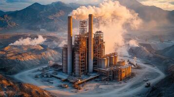 Cement production is in full swing at a large facility nestled in the mountains, with towering smokestacks releasing steam into the sky, while heavy machinery operates in the foreground. photo