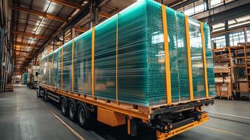 A large truck loaded with stacked glass panels is parked inside a spacious warehouse, showcasing a busy industrial operation focused on construction materials. Workers can be seen in the background. photo