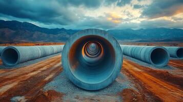 Large concrete pipes are arranged on a construction site with a mountainous backdrop at sunset, indicating ongoing infrastructure development and excavation activities. photo