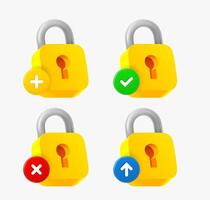 Padlock icon set with different pictograms. 3d icons collection vector