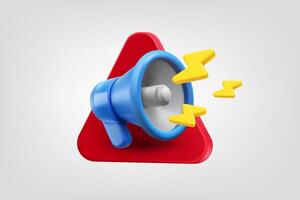 Megaphone with flashes on red triangle. 3d application icon vector