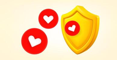 Yellow shield with red hearts. 3d banner with copy space vector