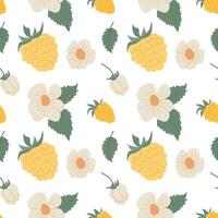 Bright pattern design featuring raspberry yellow fruits and flowers on a white background vector