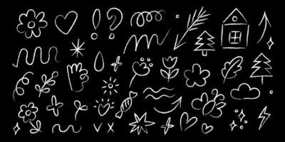 Charcoal doodle artwork featuring various playful designs and elements on a dark background vector