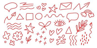 Red doodles featuring various shapes and symbols on a white background for creative design vector