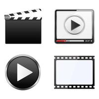 Clapper board, player, play button and film strip vector
