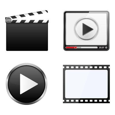 Clapper board, player, play button and film strip