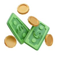 3D Rendering Flying Green Money Banknotes and Golden Coins Dollar Sign. Money Finance. 3D Icon png