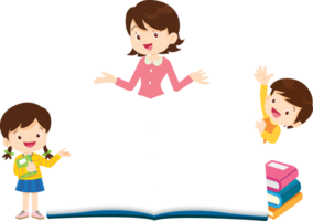 A female teacher is using a large model book to teach. png