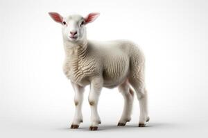 A white sheep is standing in front of a white background photo
