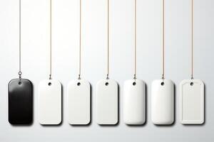 White blank tags hanging on strings on a white background photo