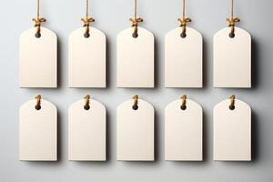 Blank white price tags hanging on string on a gray background photo